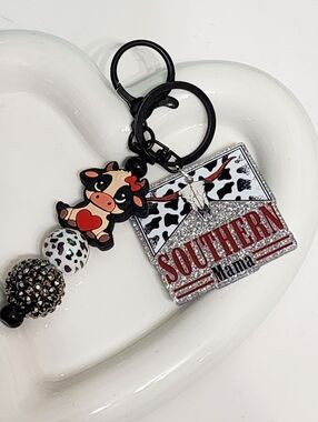 Southern Mama Keychain Bag Clip Cow Rhinestone Beaded Gift Mom Accessory